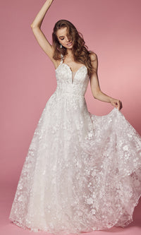 Narianna-V-Neck Lace Long A-Line White Ball Gown