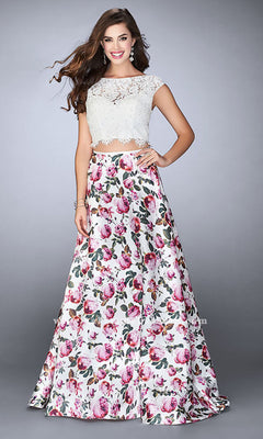Two-Piece Flower Prom Dress: La Femme 24428 White/Multi / 00 Two-Piece Flower Prom Dress: La Femme 24428 White/Multi / 00