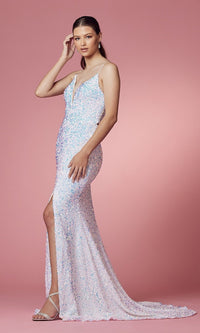 Narianna-Lace-Up Long Sequin Prom Dress in Burgundy Red