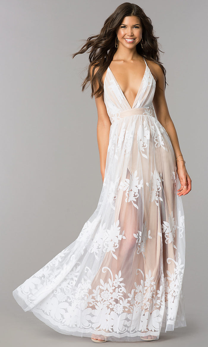 Luxxel Clothing-Long V-Neck Illusion Open-Back Dress with Print