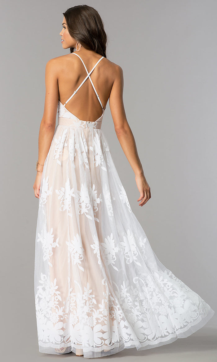 Luxxel Clothing-Long V-Neck Illusion Open-Back Dress with Print