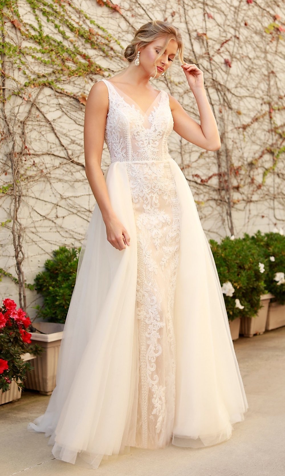 Long White and Nude Lace Formal Dress with Tulle