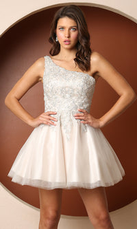 Narianna-Short White Beaded One-Shoulder Homecoming Dress