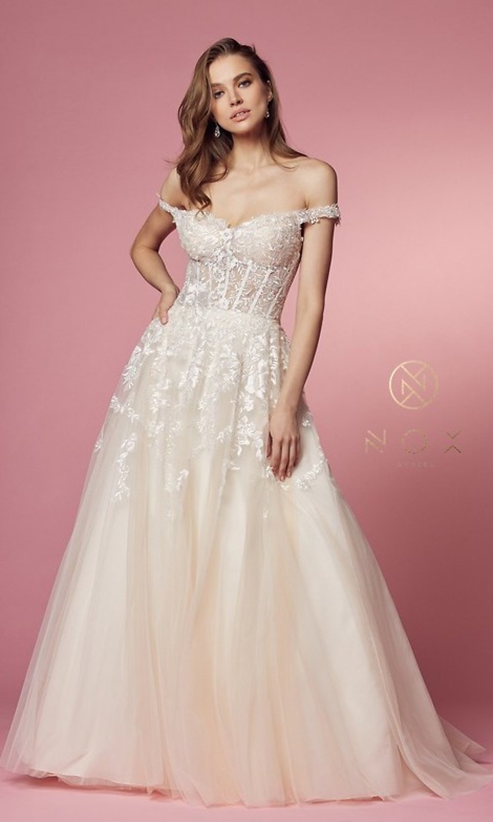 Sheer-Corset Long White Off-the-Shoulder Ball Gown