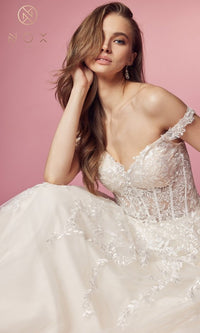 Sheer-Corset Long White Off-the-Shoulder Ball Gown