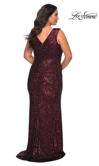 La Femme-La Femme Plus-Size V-Neck Sequin Long Prom Dress