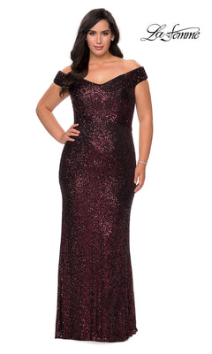 La Femme-Off-the-Shoulder Long Sequin Plus-Size Prom Dress