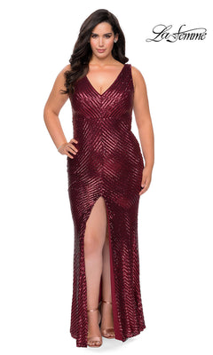 La Femme-Empire-Waist Long Plus-Size Sequin Prom Dress
