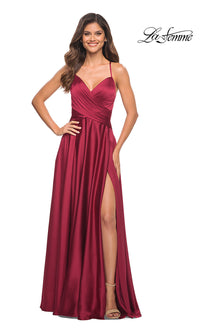 La Femme-La Femme Lace-Up Back Long Satin A-Line Prom Dress