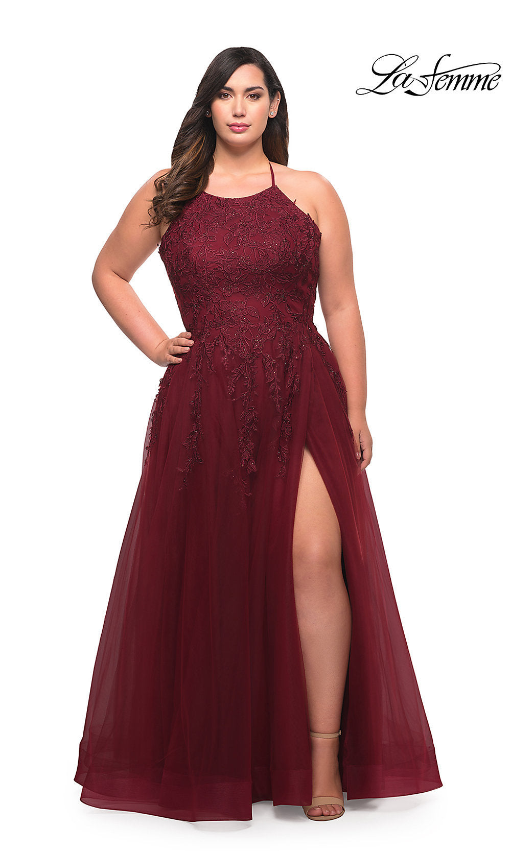 La Femme Corset-Back Long Plus-Size Prom Dress