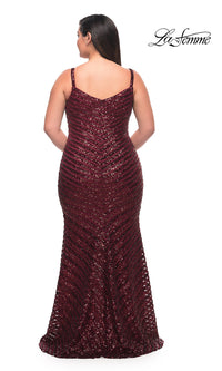 La Femme-Striped Sequin Long Plus-Size Formal Prom Dress