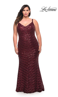 La Femme-Striped Sequin Long Plus-Size Formal Prom Dress