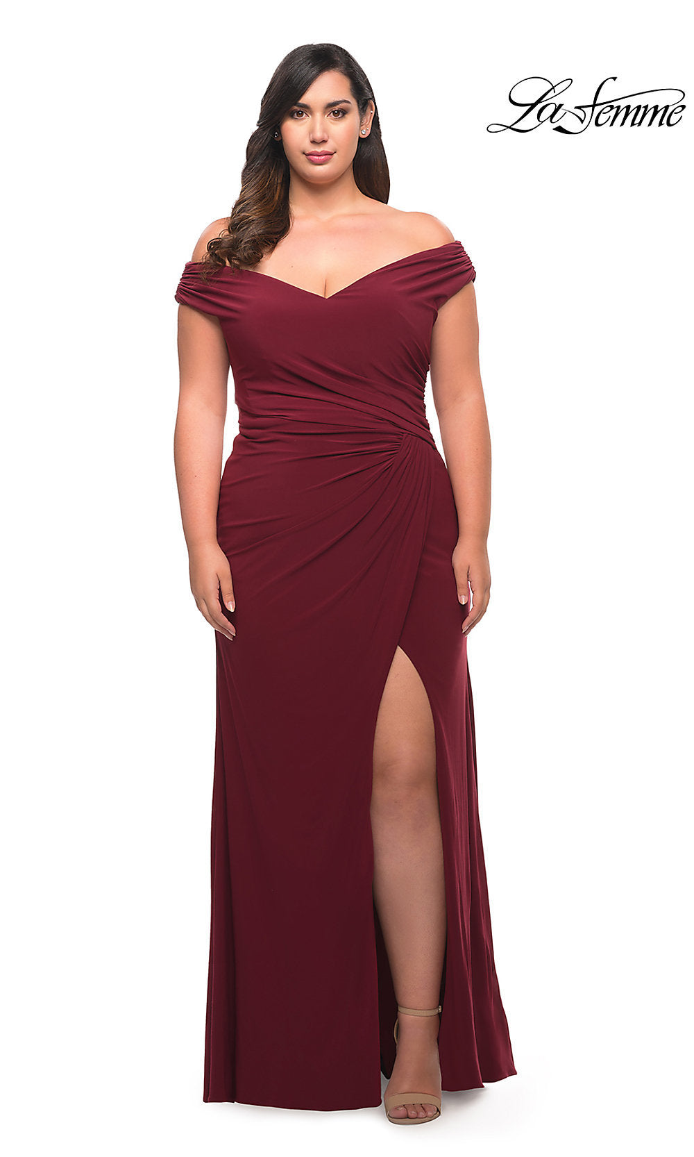 La Femme-Off-the-Shoulder Long Plus-Size V-Neck Prom Dress