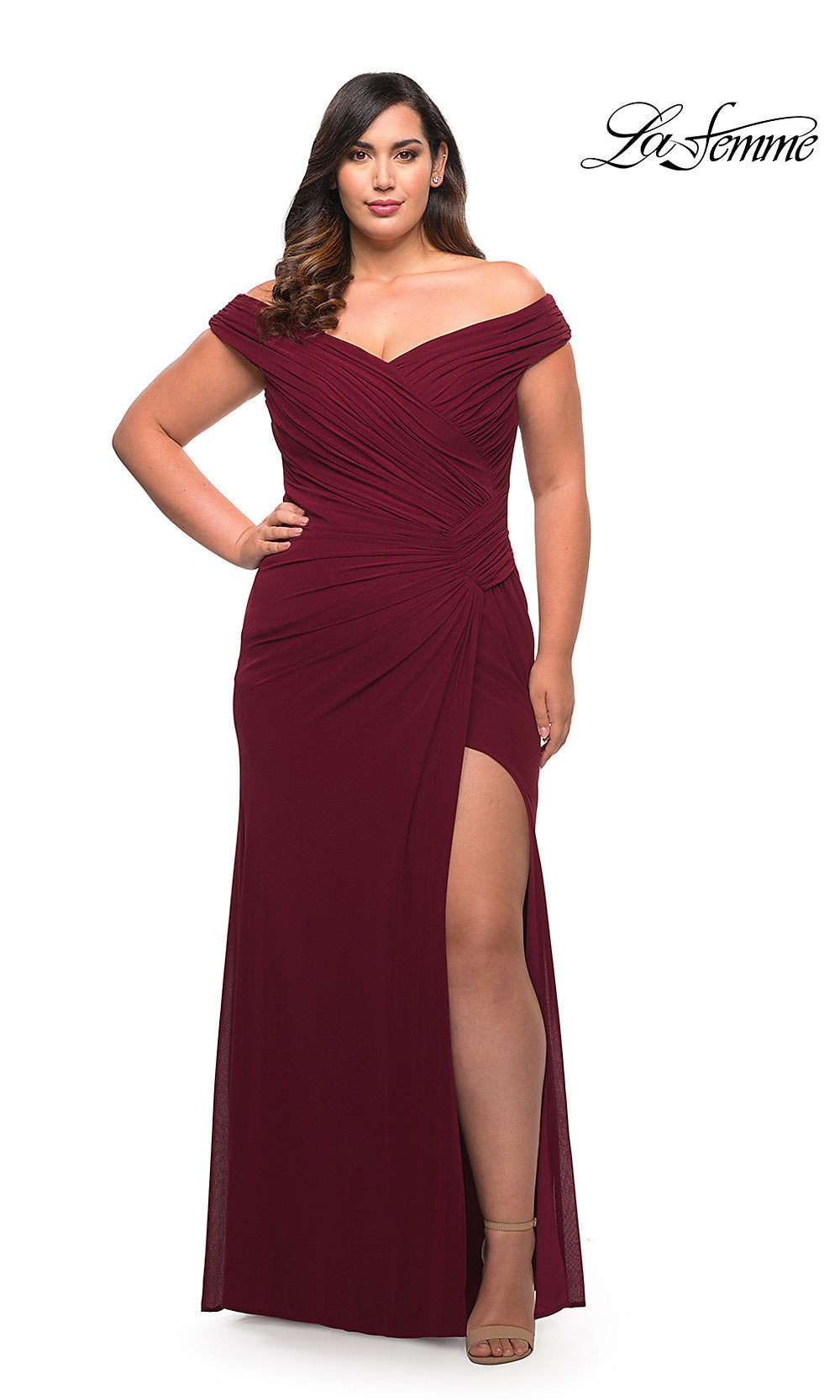 La Femme-La Femme Off-Shoulder Plus-Size Long Prom Dress