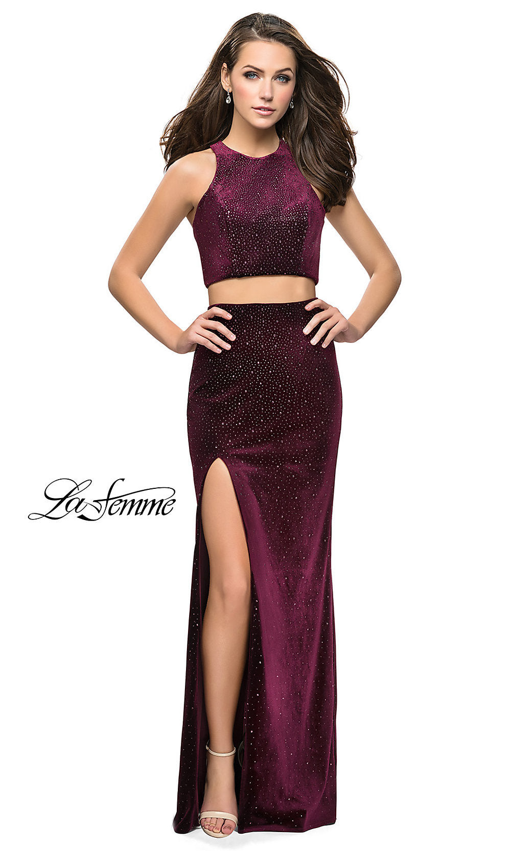 Long Beaded Velvet Two-Piece Prom Dress