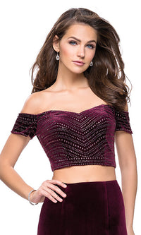 La Femme-Long Two-Piece Off-the-Shoulder Velvet La Femme Prom Dress