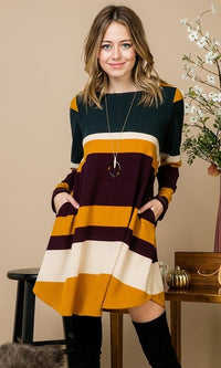 Emerald-Long Sleeve Casual Striped Fall Dress