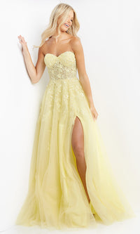 Strapless Sheer-Bodice Long Yellow Ball Gown