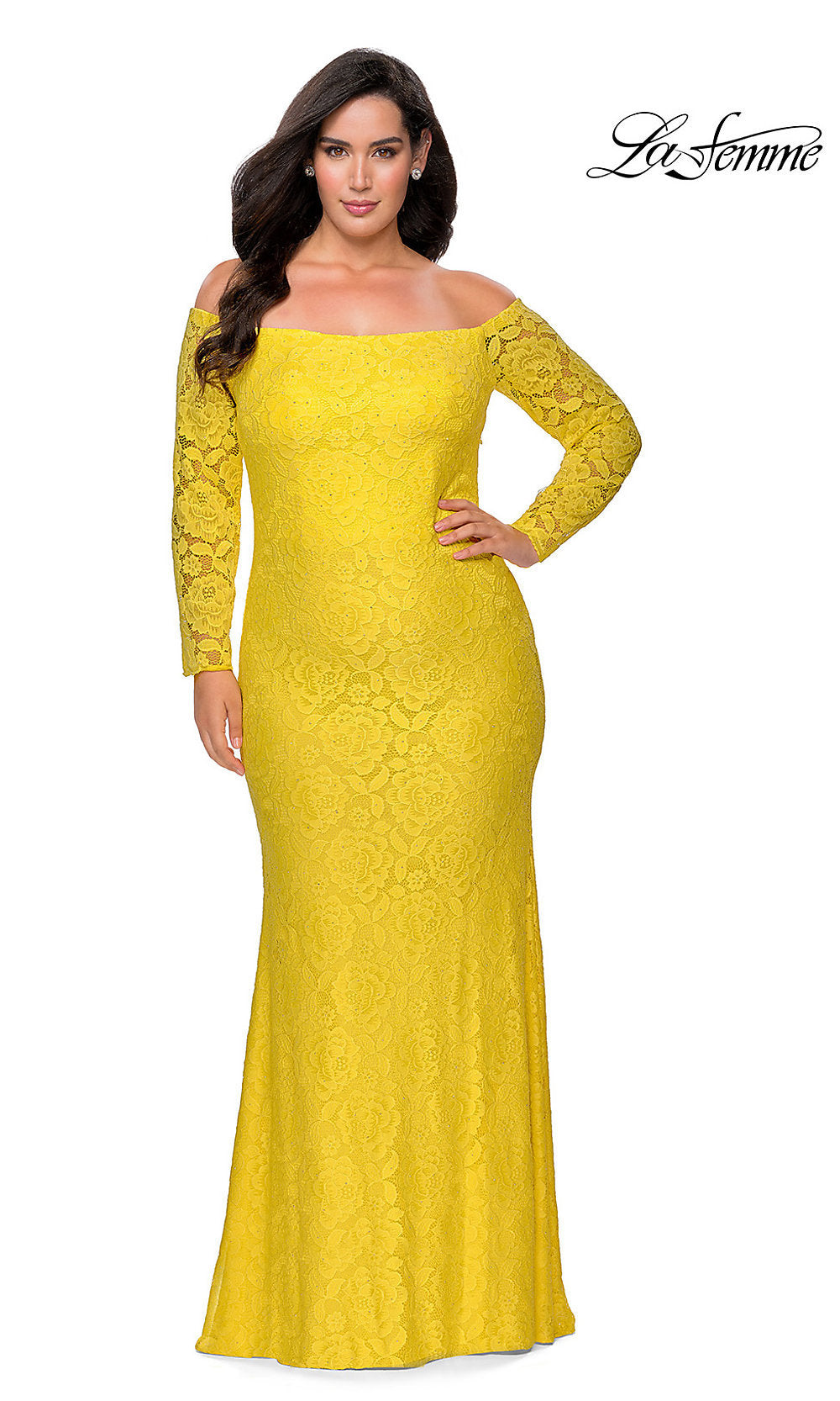 La Femme-Plus-Size Long Sleeve Lace La Femme Prom Dress