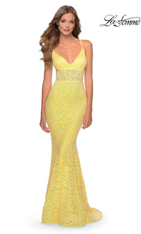 La Femme-La Femme Sheer-Waist Long Sequin-Lace Prom Dress