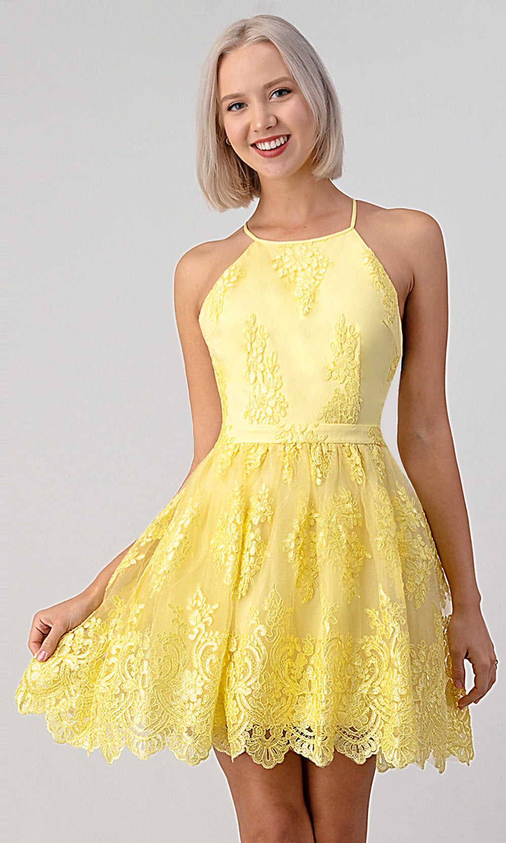 High-Neck Short Lace A-Line Grad Dress - PromGirl
