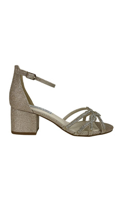 The Zoey Open-Toe Champagne Prom Shoe by Touch Ups 4383 features a glittery finish, low block heel, ankle strap, and decorative front straps, displayed in a side profile.