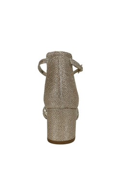 Rear view of the Zoey Open-Toe Champagne Prom Shoes by Touch Ups 4383—glittery closed-heel sandals with low block heels and an ankle strap, ideal as golden dress sandals, displayed on a white background.