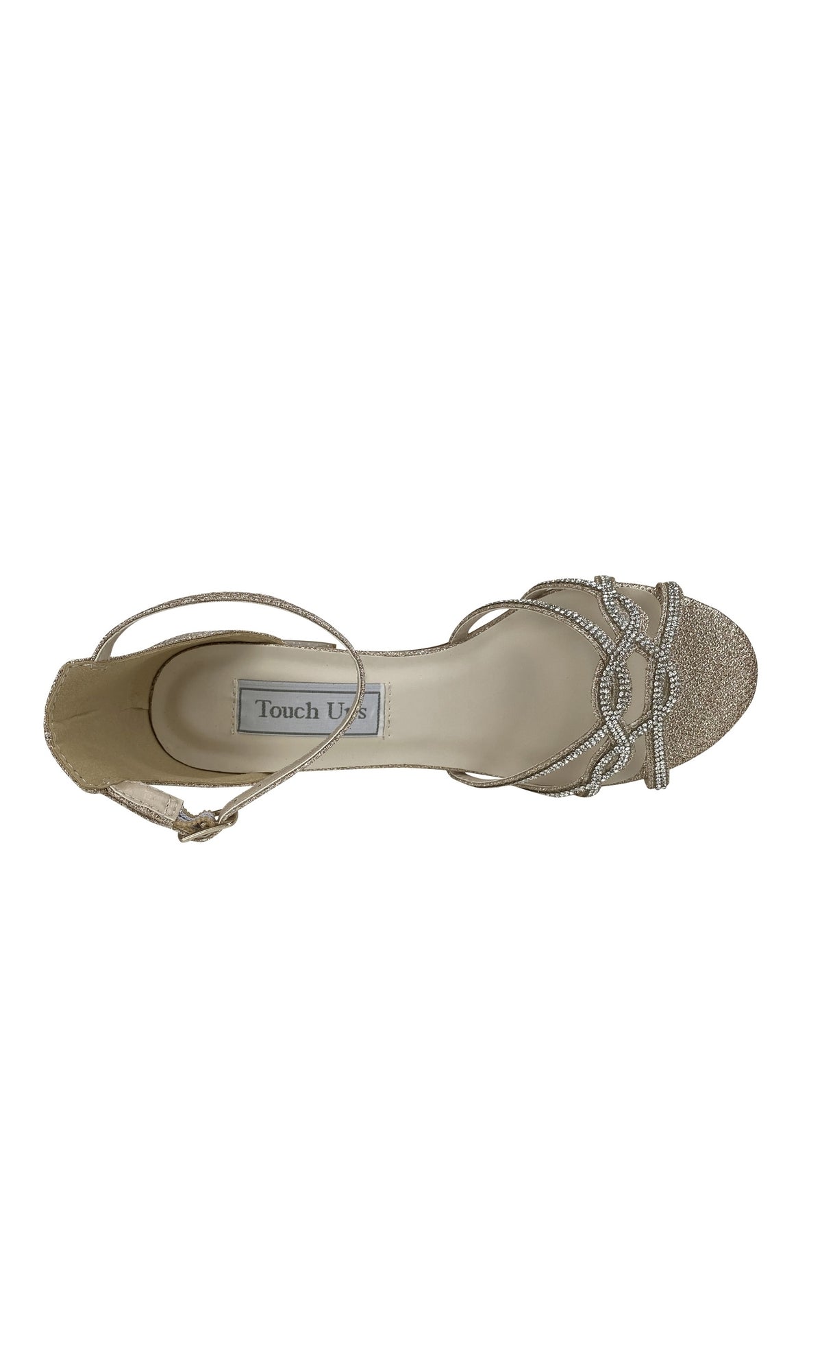 A top view of the Zoey Open-Toe Champagne Prom Shoes (Touch Ups 4383) shows beige sandals with ankle straps and rhinestone details—perfect low block heels to pair with golden dress sandals or open-toe champagne prom shoes.